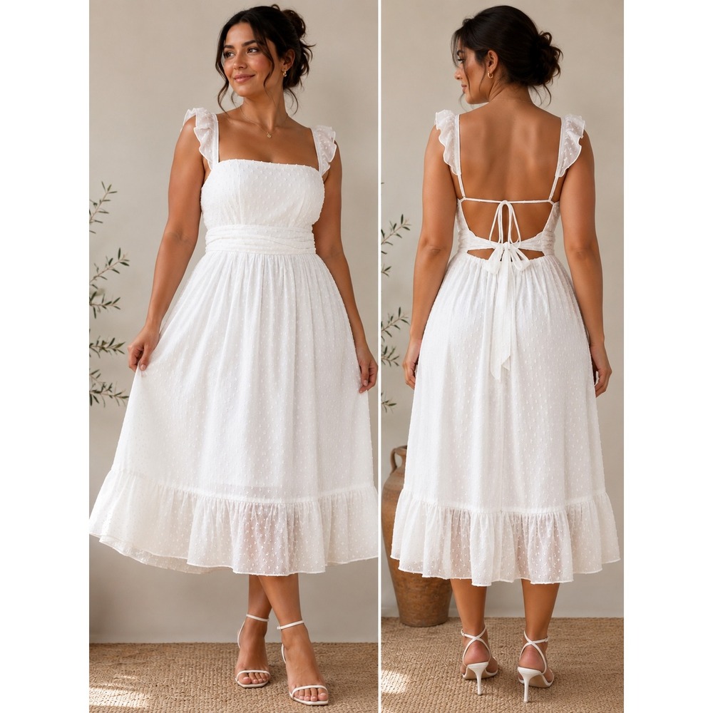 WhiteSwiss Dot Midi Dress XL Ruffle Coquette Bridal Dainty Delicate LWD Ethereal